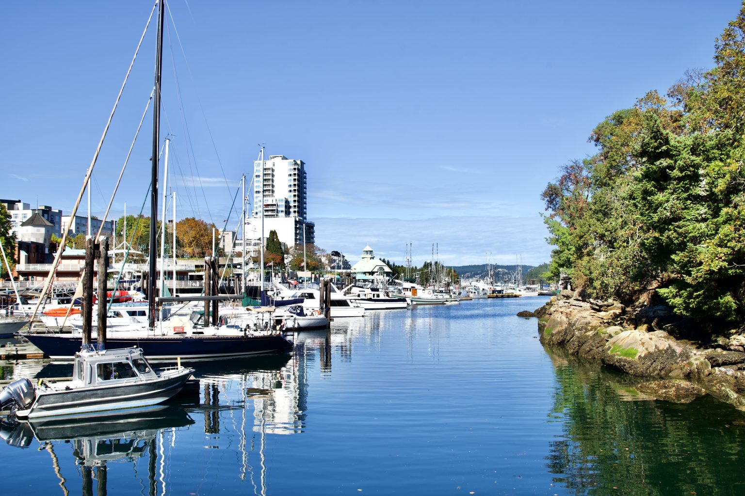 Sailboats moored at Nanaimo waterfront harbor with city buildings under a bright clear sky