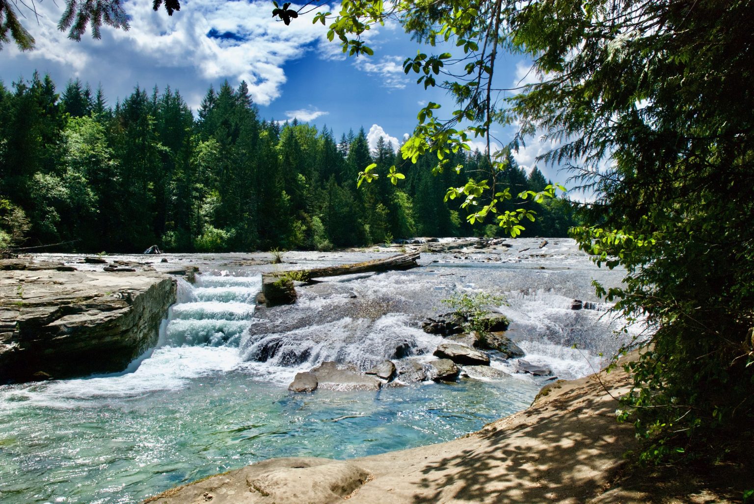 Cascading river water flowing through the man-made fish ladder at Nymph Falls Nature Park